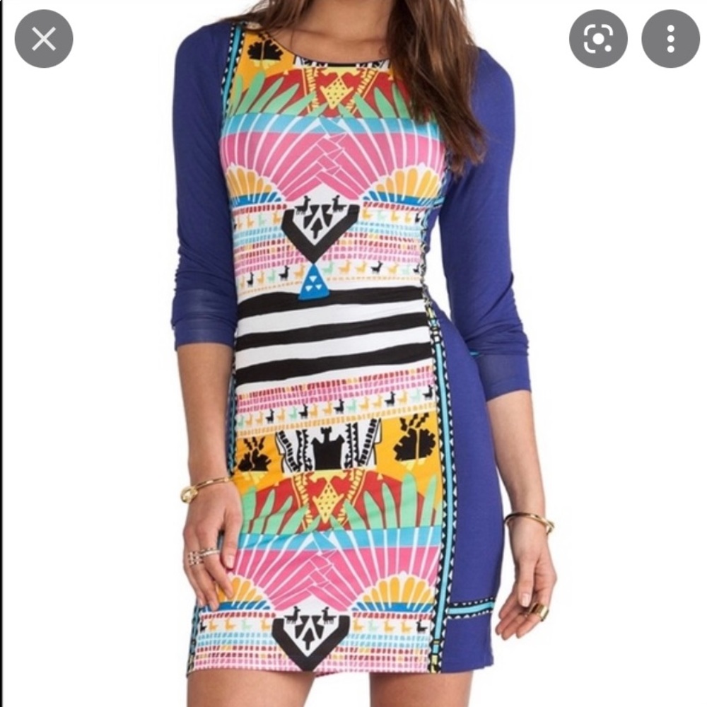 ✨Mara Hoffman Navy Sunrise Print Llama Long Sleeve Body con Dress Size Large✨